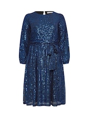 Yours Curve Blue London Sequin Long Sleeve Skater Dress - Image 5 of 5