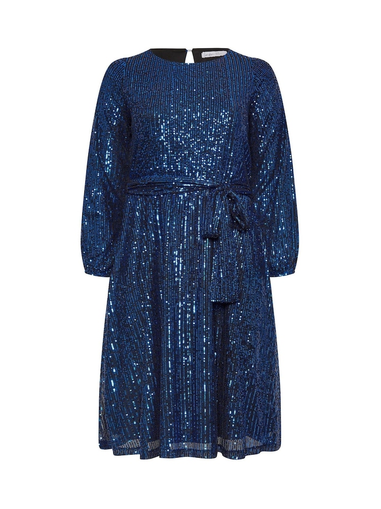 Yours Curve Blue London Sequin Long Sleeve Skater Dress - Image 5 of 5