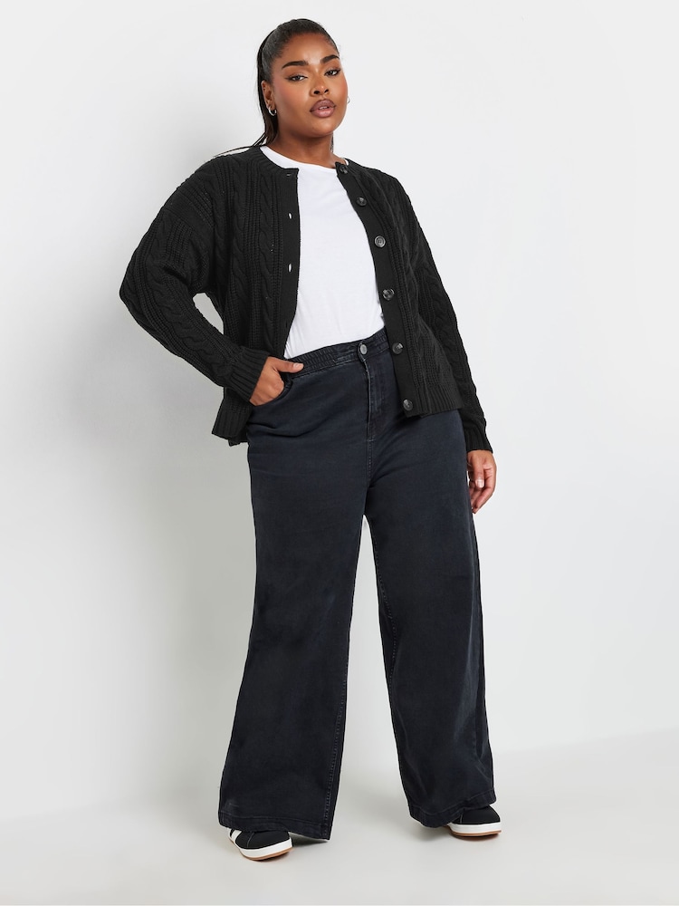 Yours Curve Black Cropped Cable Knit Cardigan - Image 2 of 5