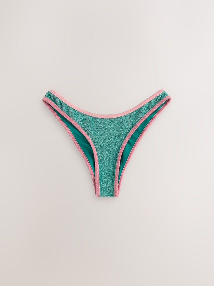 Pink/Teal Metallic Contrast Bind High Leg Bikini Bottoms - Image 5 of 7