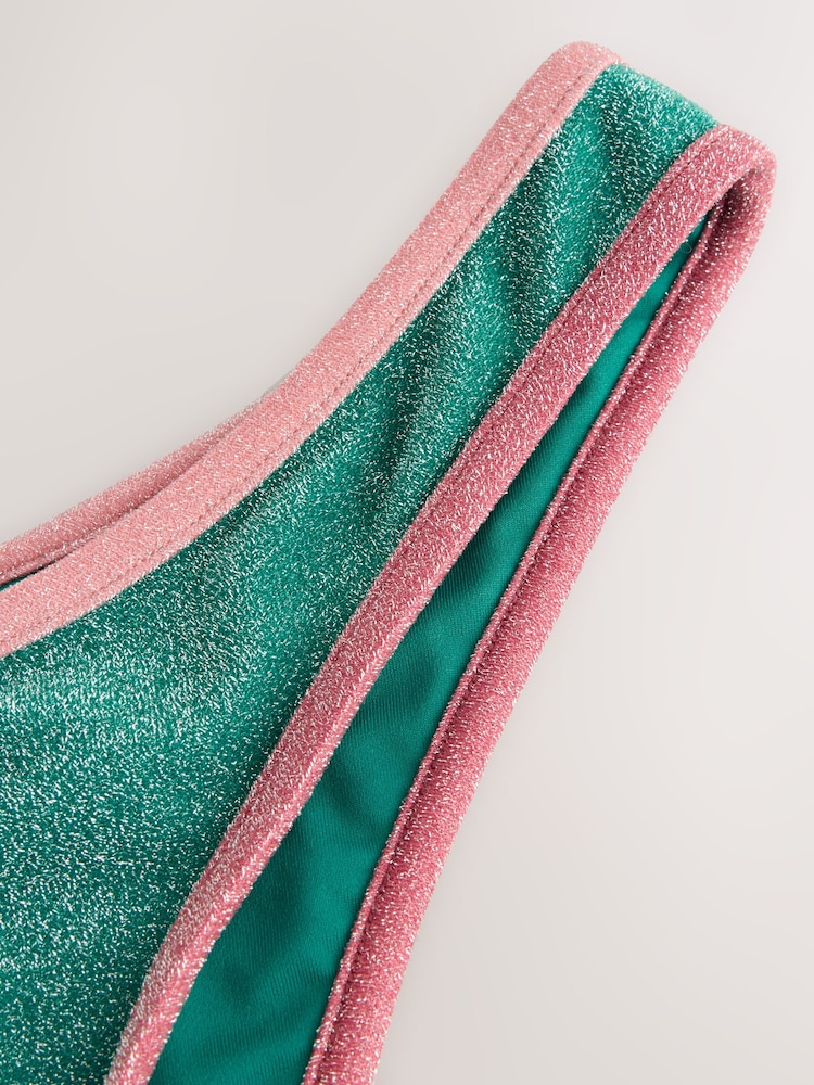 Pink/Teal Metallic Contrast Bind High Leg Bikini Bottoms - Image 7 of 7
