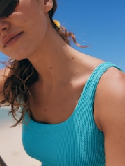 Aqua Blue Crinkle Scoop Neck Tummy Control Swimsuit - Image 6 of 12