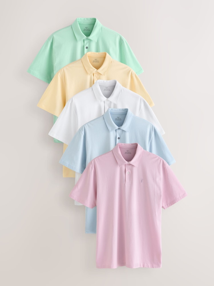 Blue/Yellow/Pink/Grey/Green Pastel - גזרה רגילה - מארז 5 חולצות פולו מבד מטריקו עם שרוול קצר - Image 1 of 17