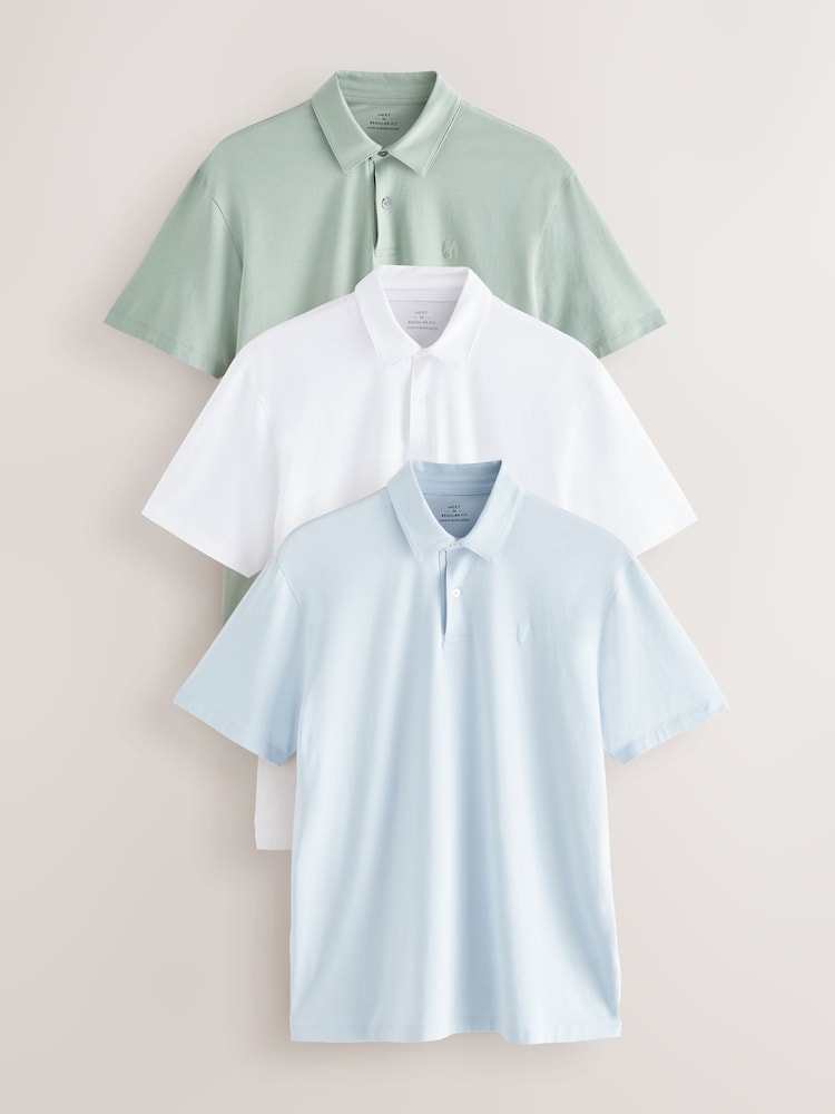 Blau/Grün/Weiß - Reguläre Passform - Kurzärmlige Jersey-Poloshirts, 3er-Pack - Bild 1 von 12 Blau/Grün/Weiß - Reguläre Passform - Kurzärmlige Jersey-Poloshirts, 3er-Pack - Bild 1 von 12