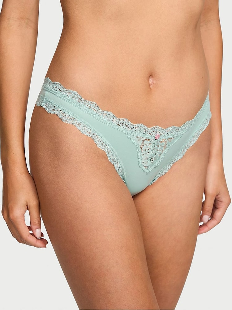 Victoria's Secret Silent Green Lace Trim Thong Knickers - Image 1 of 2
