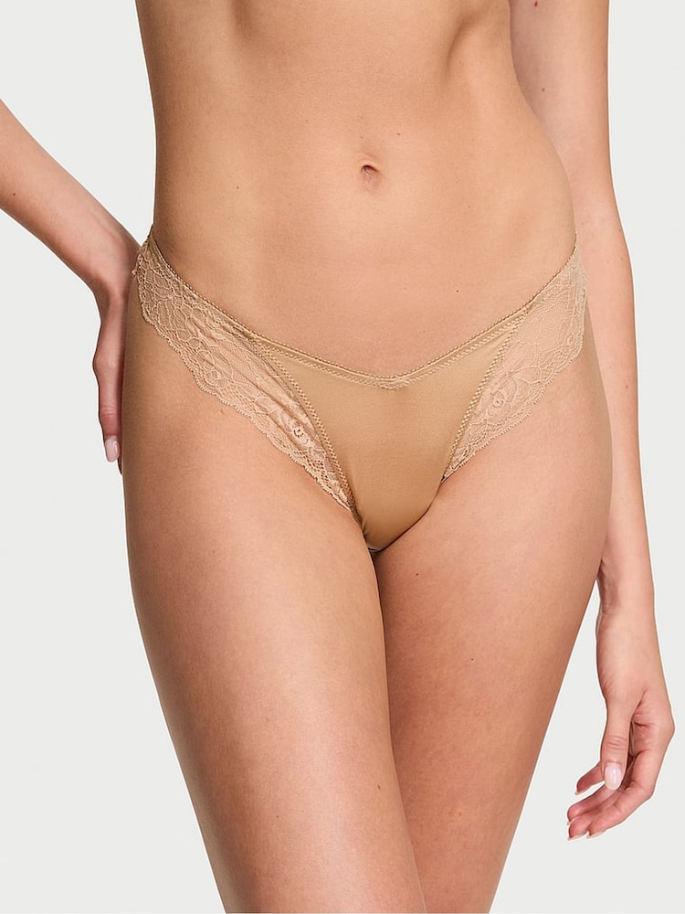 Victoria's Secret Praline Nude Thong Rose Lace Trim Knickers - Image 1 of 3