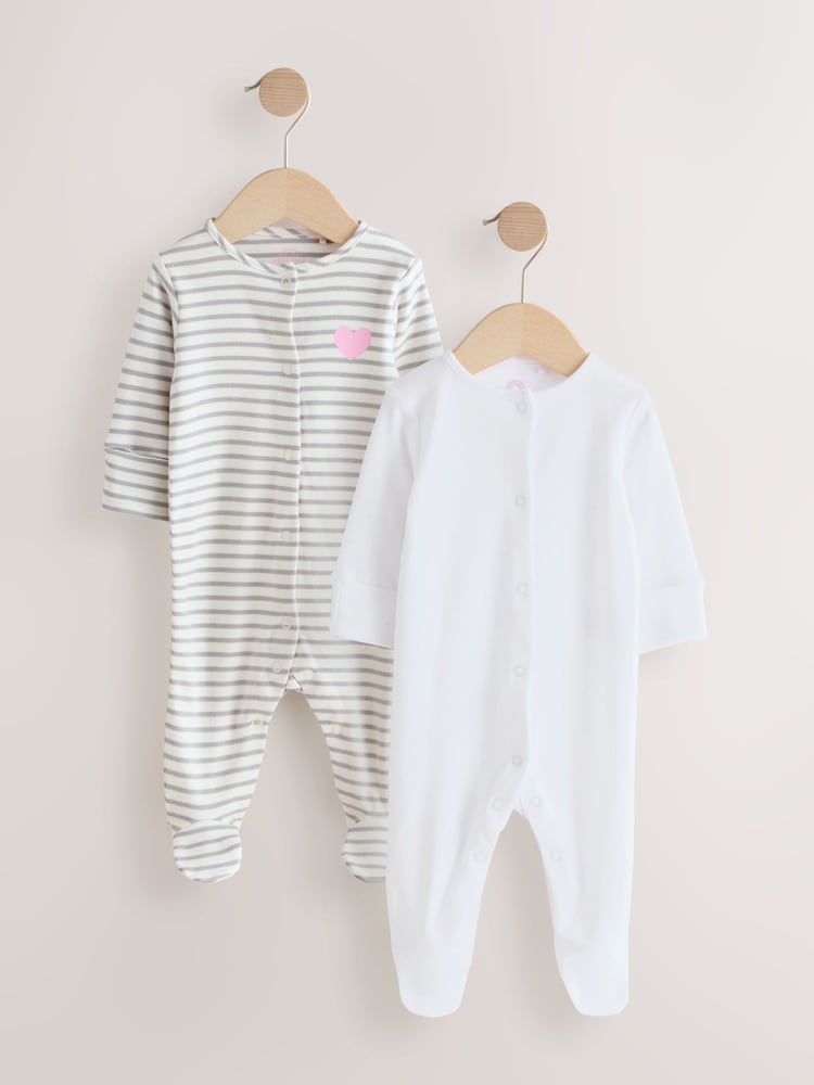 Grey/White 2 Pocket Stripe 100% Cotton Sleepsuit 2 Pack - Image 1 of 5