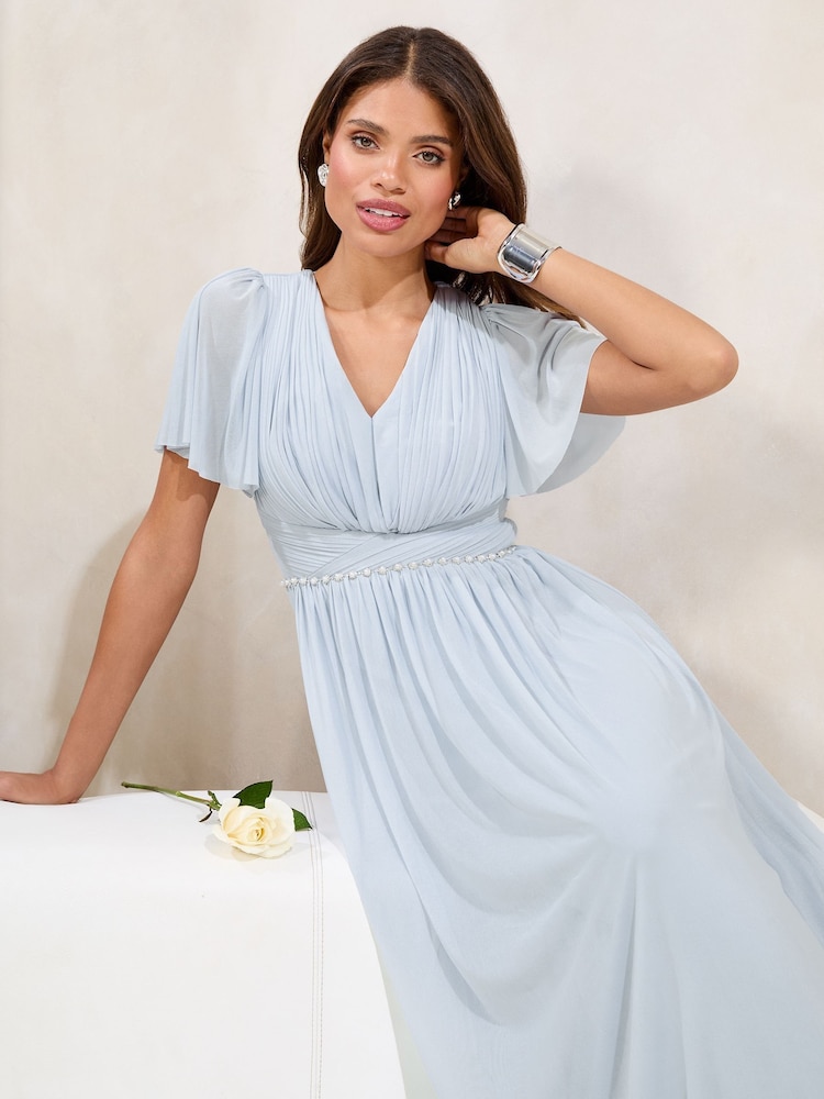 Lipsy Blue Short Sleeve Pearl Trim Mesh Maxi Bridesmaid Dress - Image 1 of 5