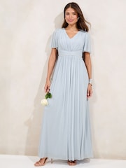 Lipsy Blue Short Sleeve Pearl Trim Mesh Maxi Bridesmaid Dress - Image 3 of 5