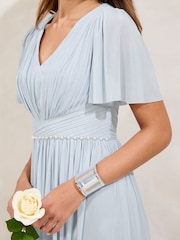 Lipsy Blue Short Sleeve Pearl Trim Mesh Maxi Bridesmaid Dress - Image 4 of 5