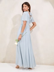 Lipsy Blue Short Sleeve Pearl Trim Mesh Maxi Bridesmaid Dress - Image 5 of 5