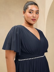 Lipsy Navy Curve Short Sleeve Pearl Trim Mesh Maxi Bridesmaid Dress - Image 2 of 4