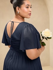 Lipsy Navy Curve Short Sleeve Pearl Trim Mesh Maxi Bridesmaid Dress - Image 3 of 4