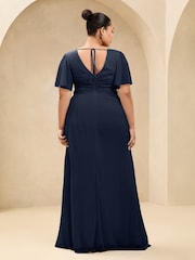 Lipsy Navy Curve Short Sleeve Pearl Trim Mesh Maxi Bridesmaid Dress - Image 4 of 4