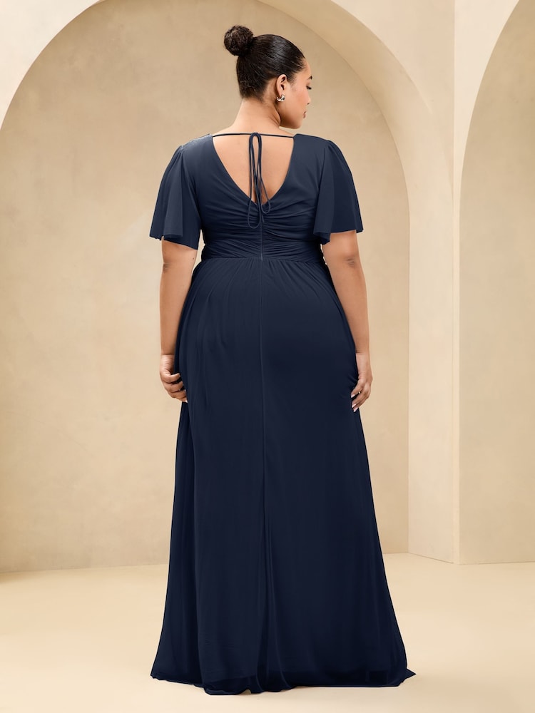 Lipsy Navy Curve Short Sleeve Pearl Trim Mesh Maxi Bridesmaid Dress - Image 4 of 4