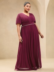 Lipsy Berry Red Curve Short Sleeve Pearl Trim Mesh Maxi Bridesmaid Dress - Image 1 of 4
