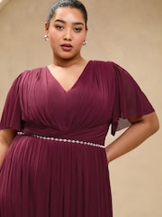 Lipsy Berry Red Curve Short Sleeve Pearl Trim Mesh Maxi Bridesmaid Dress - Image 3 of 4