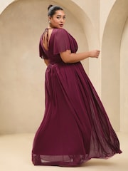 Lipsy Berry Red Curve Short Sleeve Pearl Trim Mesh Maxi Bridesmaid Dress - Image 4 of 4