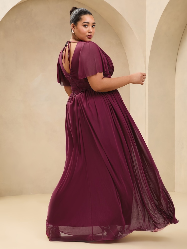 Lipsy Berry Red Curve Short Sleeve Pearl Trim Mesh Maxi Bridesmaid Dress - Image 4 of 4