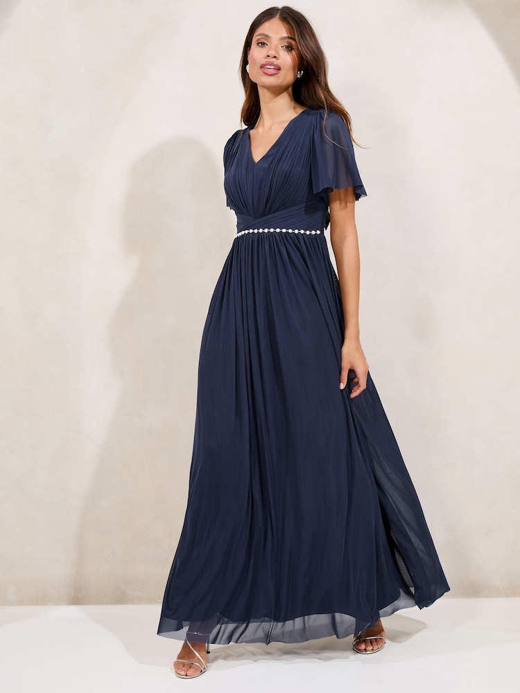 Lipsy Navy Short Sleeve Pearl Trim Mesh Maxi Bridesmaid Dress - Image 1 of 4