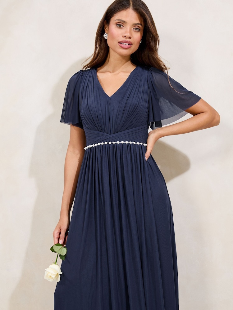 Lipsy Navy Short Sleeve Pearl Trim Mesh Maxi Bridesmaid Dress - Image 2 of 4