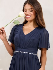 Lipsy Navy Short Sleeve Pearl Trim Mesh Maxi Bridesmaid Dress - Image 3 of 4