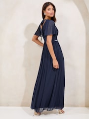 Lipsy Navy Short Sleeve Pearl Trim Mesh Maxi Bridesmaid Dress - Image 4 of 4