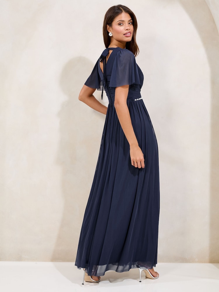 Lipsy Navy Short Sleeve Pearl Trim Mesh Maxi Bridesmaid Dress - Image 4 of 4