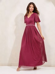 Lipsy Berry Red Short Sleeve Pearl Trim Mesh Maxi Bridesmaid Dress - Image 1 of 5