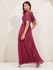 Lipsy Berry Red Short Sleeve Pearl Trim Mesh Maxi Bridesmaid Dress - Image 3 of 5