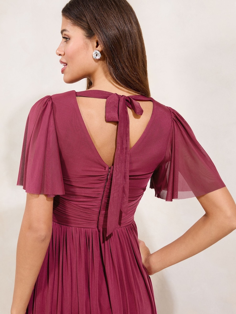 Lipsy Berry Red Short Sleeve Pearl Trim Mesh Maxi Bridesmaid Dress - Image 5 of 5