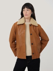 Jigsaw Orange Tan Leather Cropped Jacket - Image 1 of 7
