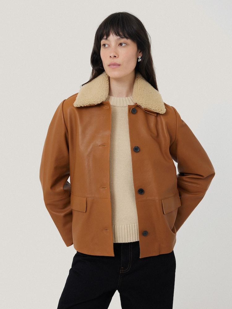 Jigsaw Orange Tan Leather Cropped Jacket - Image 1 of 7