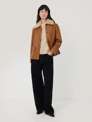 Jigsaw Orange Tan Leather Cropped Jacket - Image 3 of 7