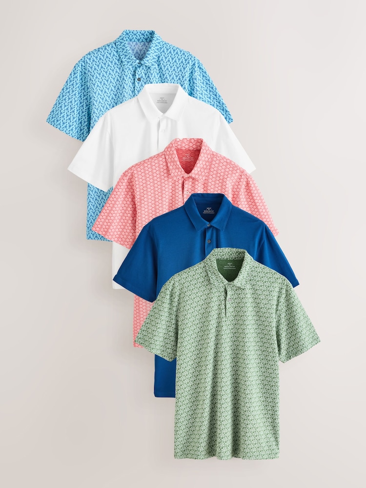 Bright Conversational Print Regular Fit Short Sleeve Jersey Polo Shirts 5 Pack - Image 1 of 17