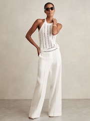 Blanc - Reiss Fawn Linen Wide-Leg Whipstitch Trousers - Image 1 de 6