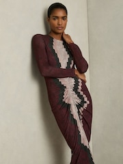 Reiss Burgundy Georgia Petite Jersey Ruched Printed Dress With Wool - Image 1 of 6