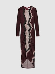Reiss Burgundy Georgia Petite Jersey Ruched Printed Dress With Wool - Image 2 of 6