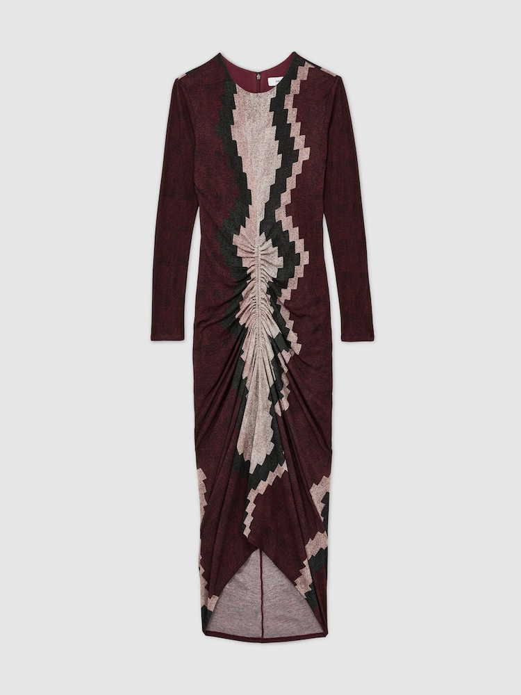 Reiss Burgundy Georgia Petite Jersey Ruched Printed Dress With Wool - Image 2 of 6