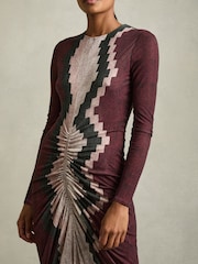 Reiss Burgundy Georgia Petite Jersey Ruched Printed Dress With Wool - Image 3 of 6