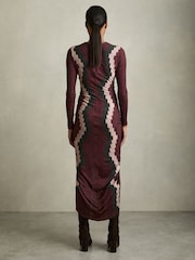 Reiss Burgundy Georgia Petite Jersey Ruched Printed Dress With Wool - Image 4 of 6