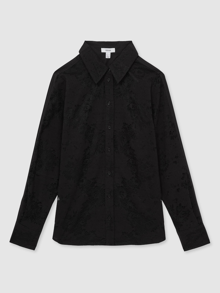 Reiss Black Lacey Lace-Front Shirt With Cotton - Image 2 of 6