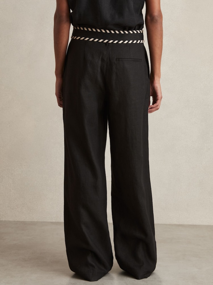 Schwarz - Reiss Fawn Linen Wide-Leg Whipstitch Trousers - Image 5 of 6
