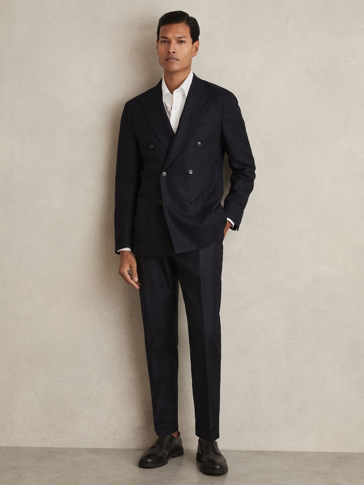 Reiss Navy Club Slim-Fit Double-Breasted Textured Wool-Blend Suit Blazer - Image 1 of 8