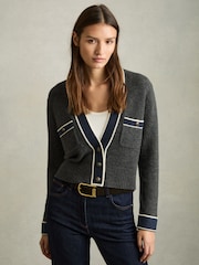 Reiss Charcoal Eloise Wool-Cashmere Tipped V-Neck Cardigan - Image 1 of 6