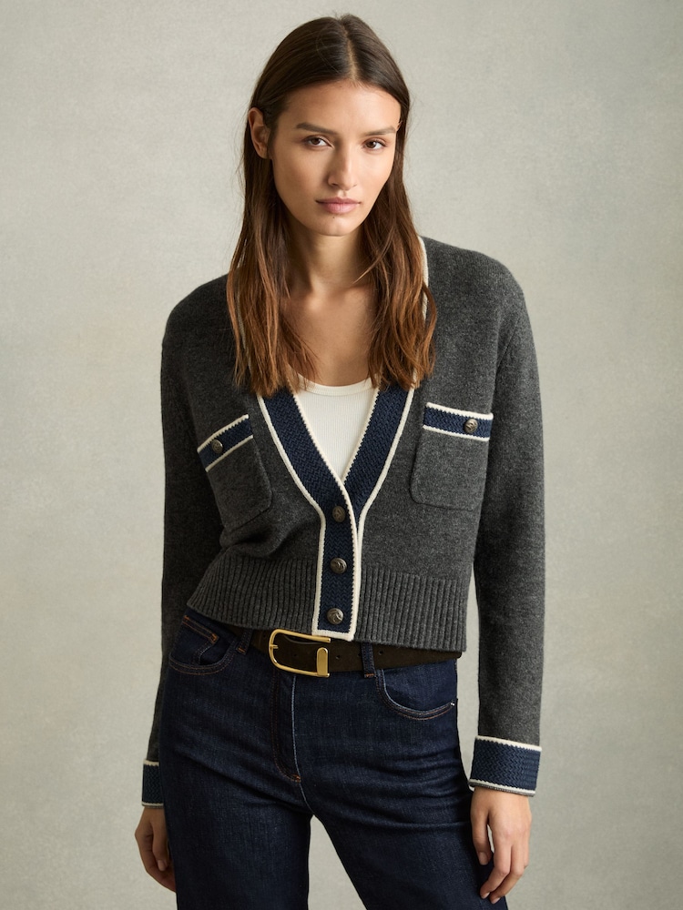 Reiss Charcoal Eloise Wool-Cashmere Tipped V-Neck Cardigan - Image 1 of 6