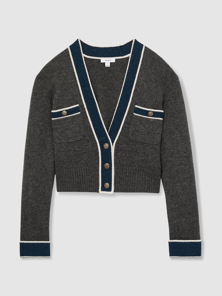 Reiss Charcoal Eloise Wool-Cashmere Tipped V-Neck Cardigan - Image 2 of 6