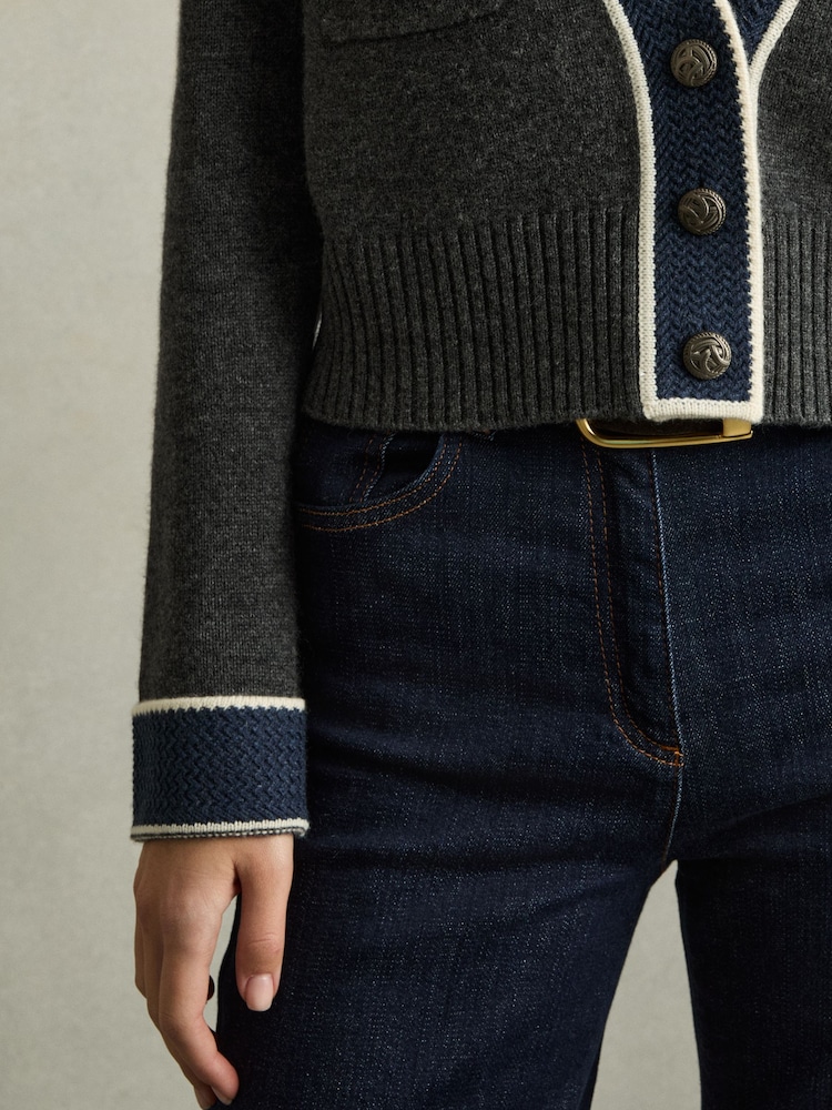 Reiss Charcoal Eloise Wool-Cashmere Tipped V-Neck Cardigan - Image 4 of 6