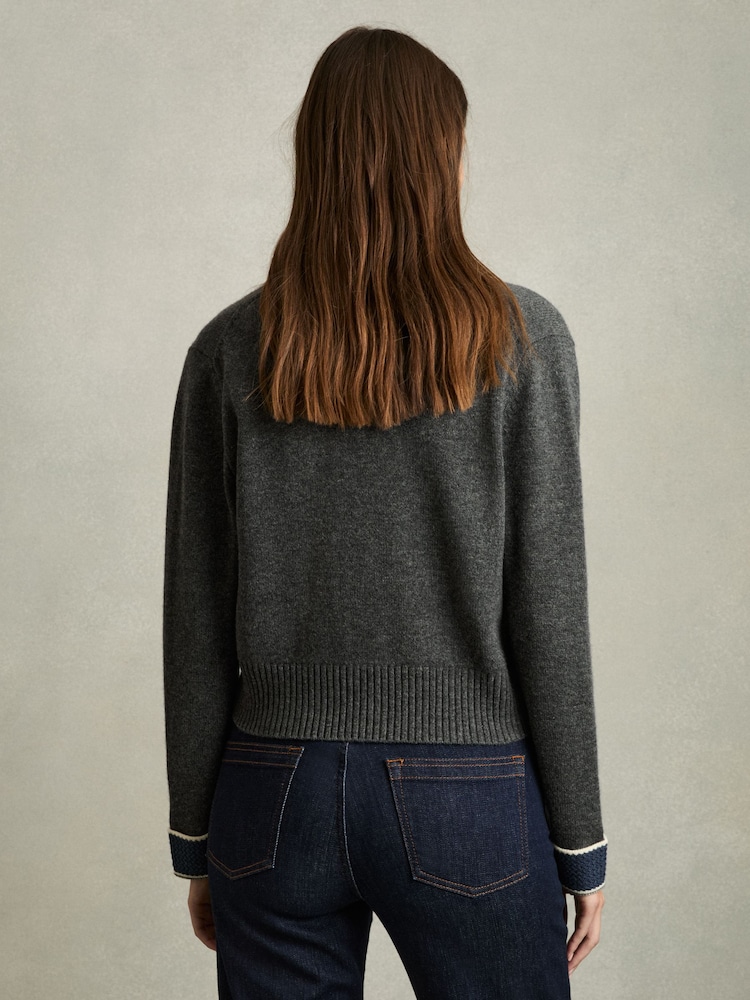 Reiss Charcoal Eloise Wool-Cashmere Tipped V-Neck Cardigan - Image 5 of 6