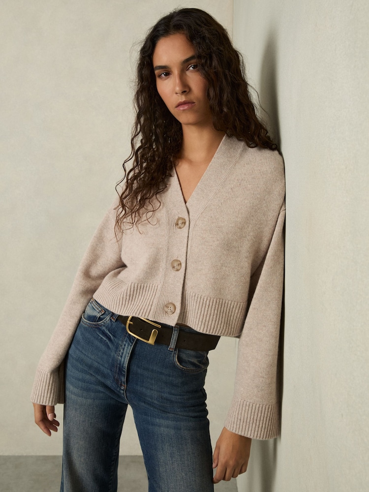 Ovsena kaša - Reiss Rixy Wool-Cashmere Cropped Cardigan - Slika 1 iz 6